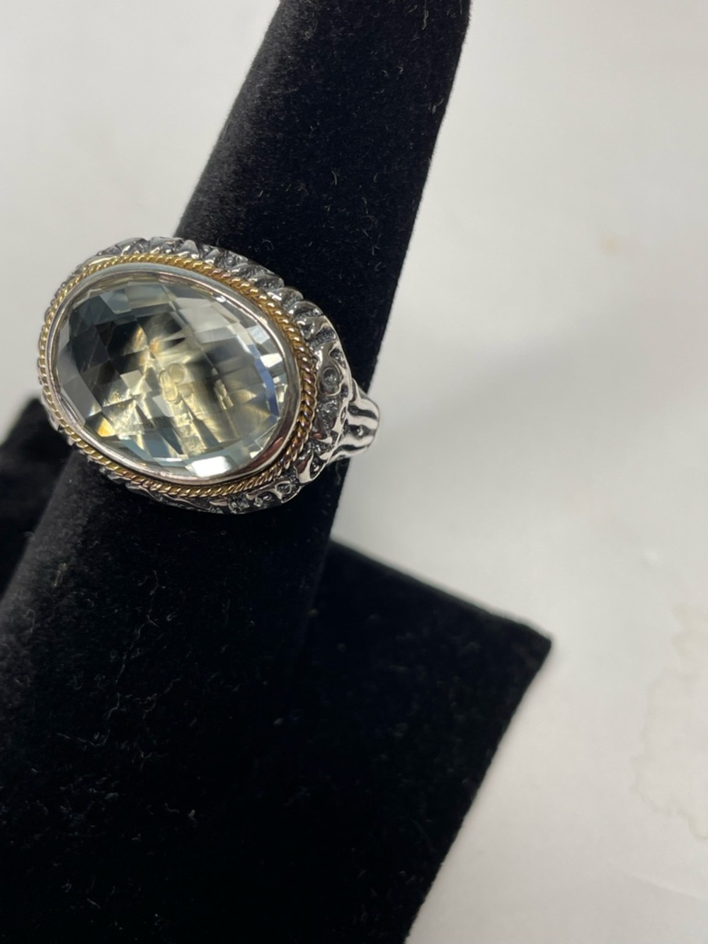Sterling Silver Oval Pale Gold Color Quartz Ring with 14K Gold Accent Size 7.5
